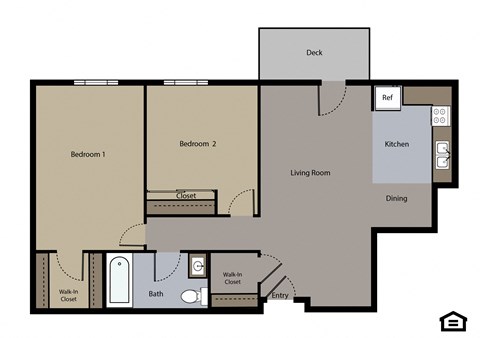 Floor plan for 2 beds, 1 bath, 1056 sqft